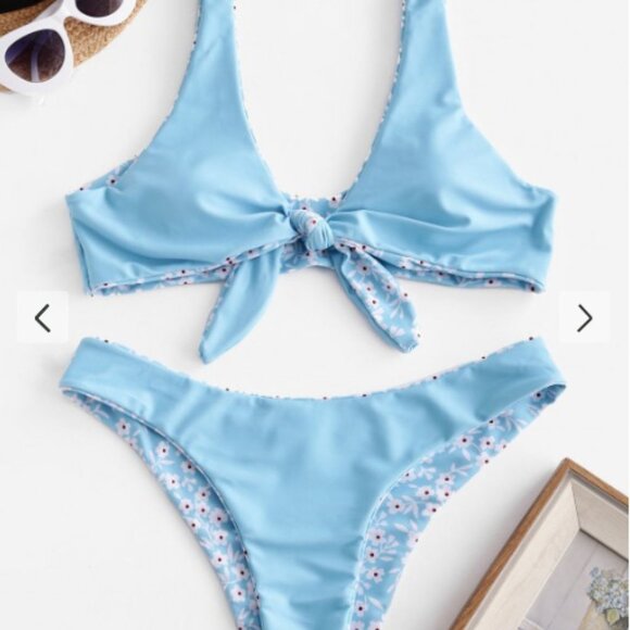 NWT Zaful Tiny Floral Low Waisted Knot Bikini Swimsuit Crystal Blue Sz S - Picture 2 of 5